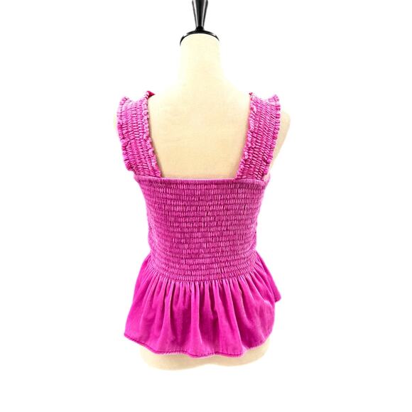 Anthropologie Bright Pink Velvet Peplum Smocked Ruffle Sleeve Tank Top Blouse - Picture 2 of 9